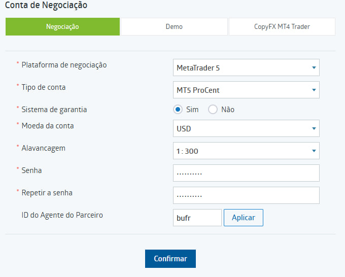 Configuração da Conta RoboForex